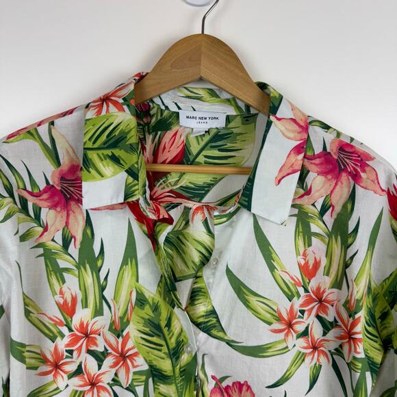 Marc New York Womens Floral Button Up Cropped Tie Waist Blouse Large Tropical - Picture 2 of 12